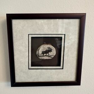 Vintage Signed Len Masse Scrimshaw Etched Moose on Antler Slice Framed